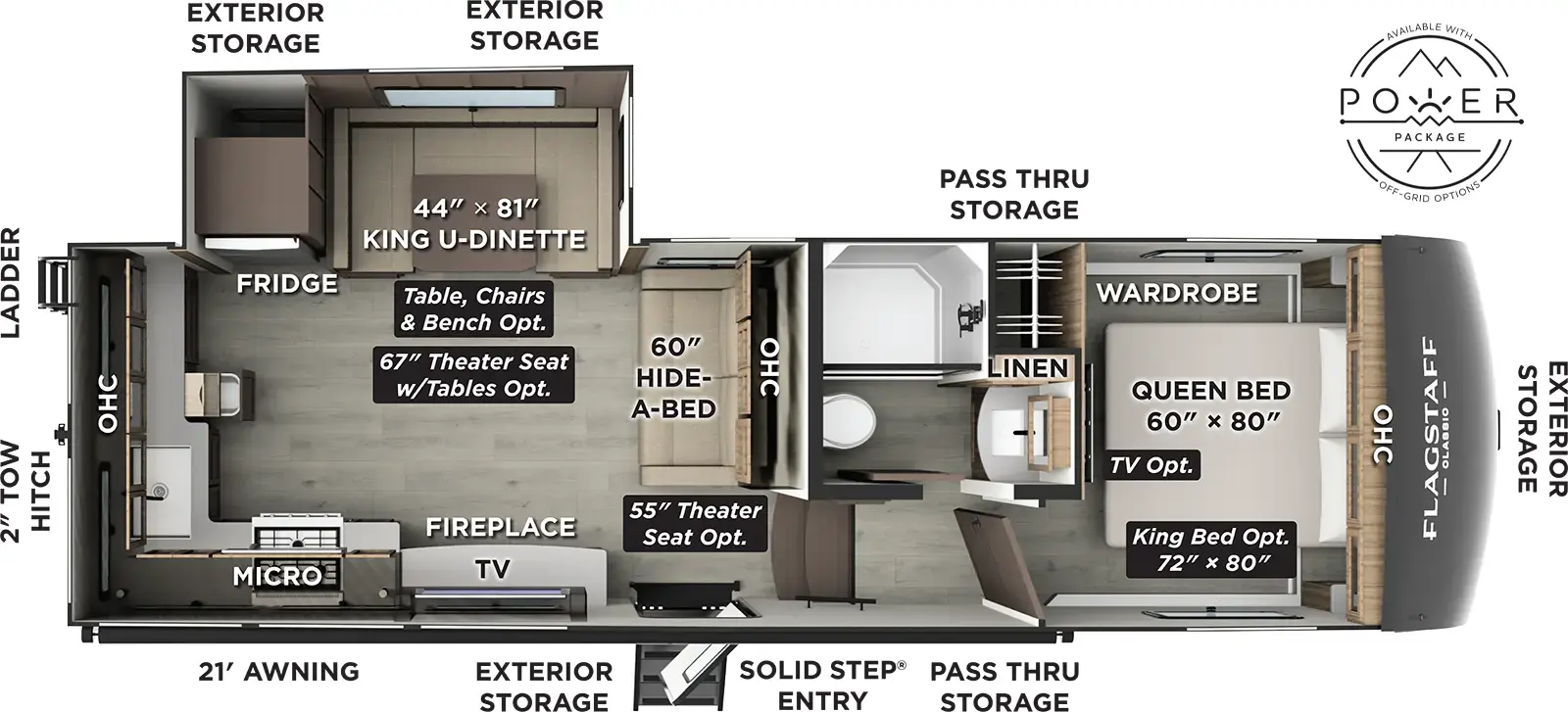 The Flagstaff Classic Fifth Wheels F301RKS floorplan has one entry and one slide out. Exterior features include: fiberglass exterior and 21' awning. Interiors features include: rear kitchen, u-dinette and front bedroom.